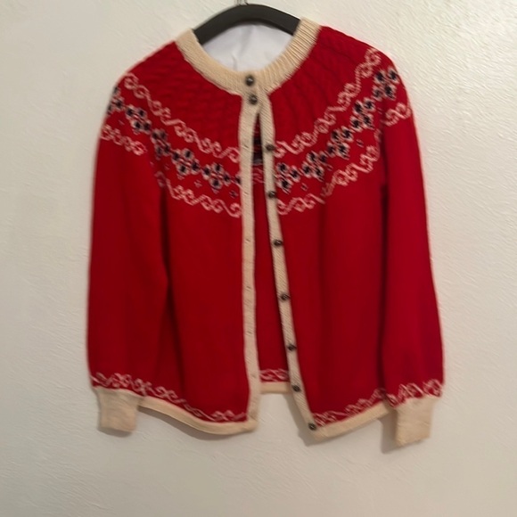 Paul Mage Vintage Gorpcore Fair Isles Red Wool Hand knit Cardigan Denmark XS/S - Picture 1 of 7